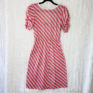 Vintage 80s Timely Trends Sheath Dress Size 9 MEDIUM Red Gray Stripe Puff Sleeve
